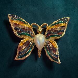 Vintage FO Butterfly Brooch Rainbow Enamel Pearl Body Statement Pin